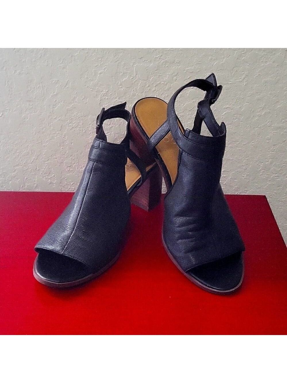 Franco Sarto Open Toe Mandi Block Heels Black Leather Shoes Women's 9.5 M